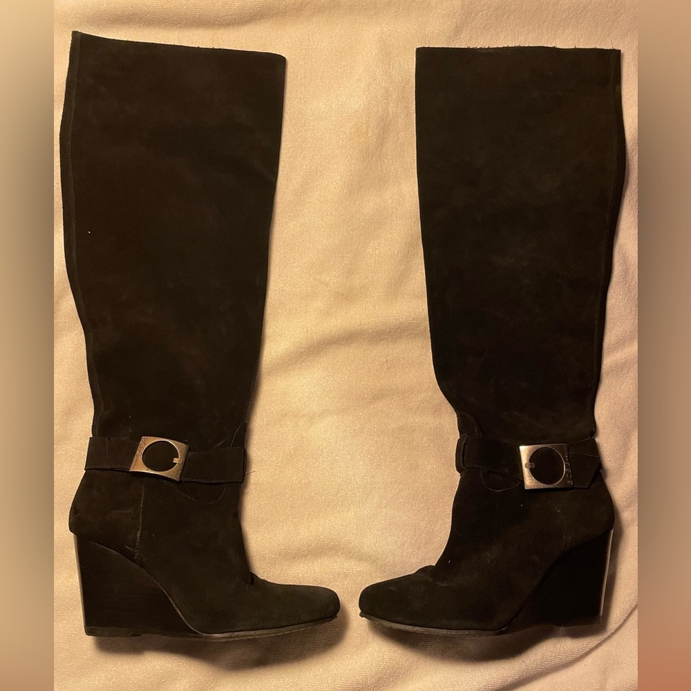 BCBGeneration Knee-High Boots Black Suede Leather Sz. 10B/ 40 eu Wedge Heels
